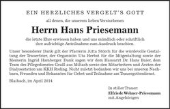 Traueranzeige Hans Priesemann