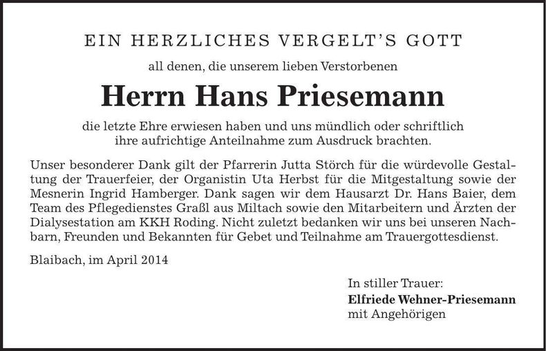 Traueranzeige Hans Priesemann