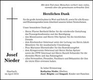 Traueranzeige Josef Nieder