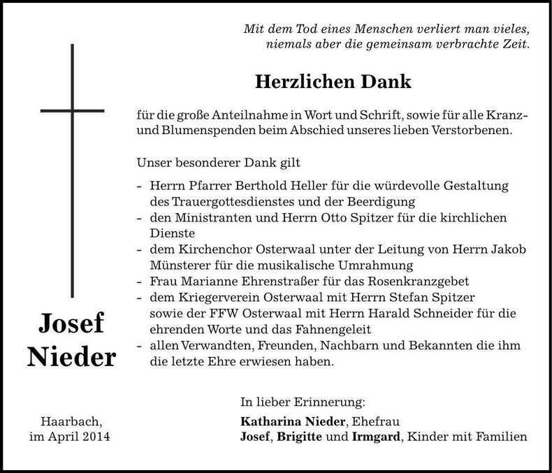 Traueranzeige Josef Nieder