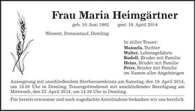 Traueranzeige Maria Heimgärtner