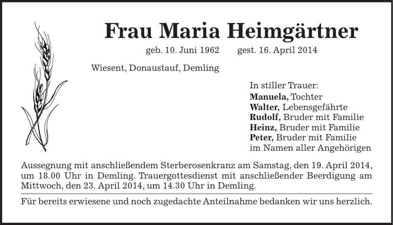Traueranzeige Maria Heimgärtner