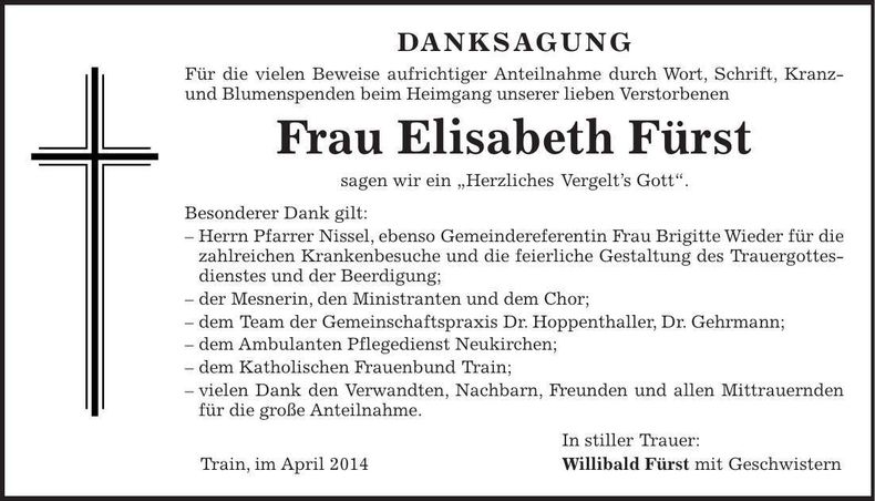 Traueranzeige Elisabeth Fürst