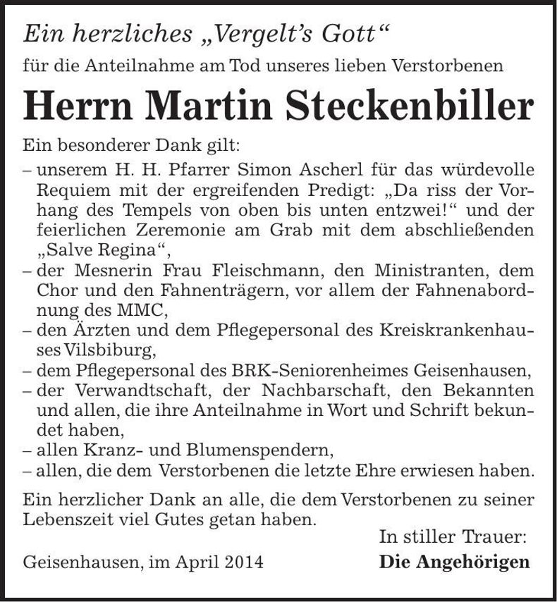 Traueranzeige Martin Steckenbiller