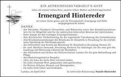 Traueranzeige Irmengard Hintereder