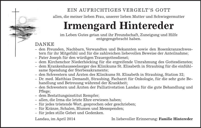 Traueranzeige Irmengard Hintereder