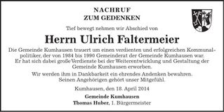 Traueranzeige Ulrich Faltermeier