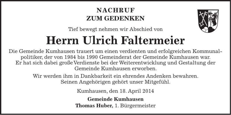 Traueranzeige Ulrich Faltermeier