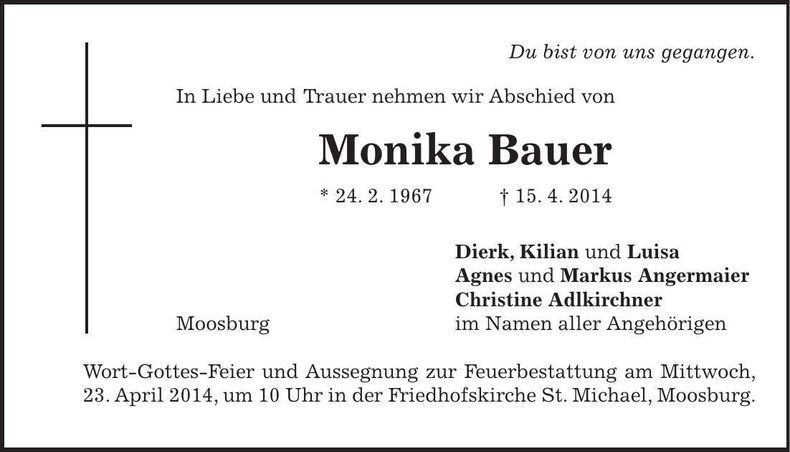 Traueranzeige Monika Bauer
