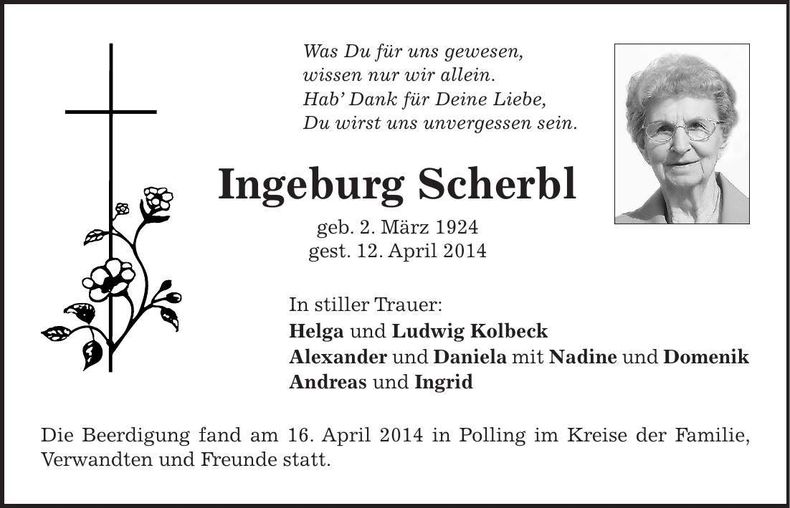 Traueranzeige Ingeburg Scherbl