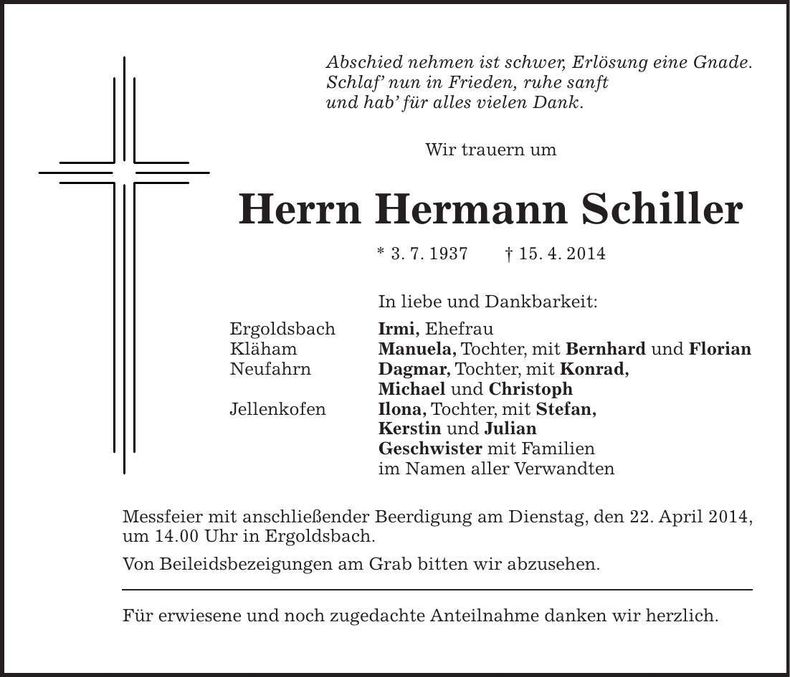 Traueranzeige Hermann Schiller