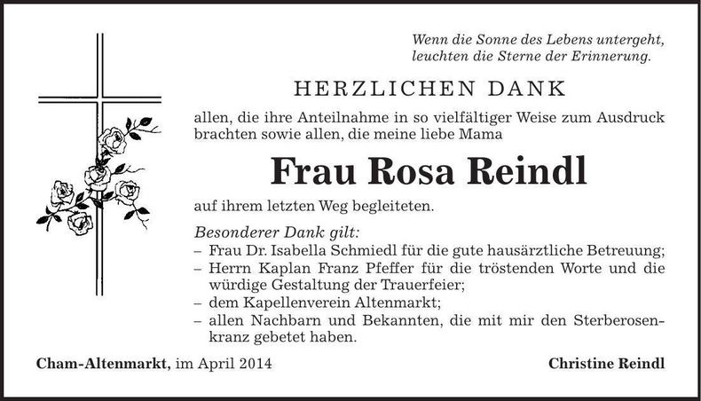 Traueranzeige Rosa Reindl