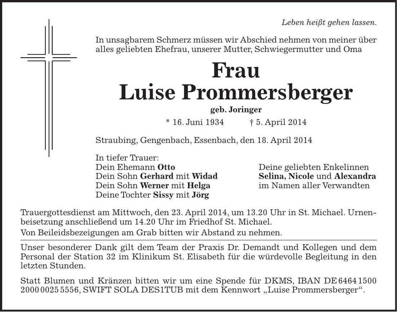 Traueranzeige Luise Prommersberger