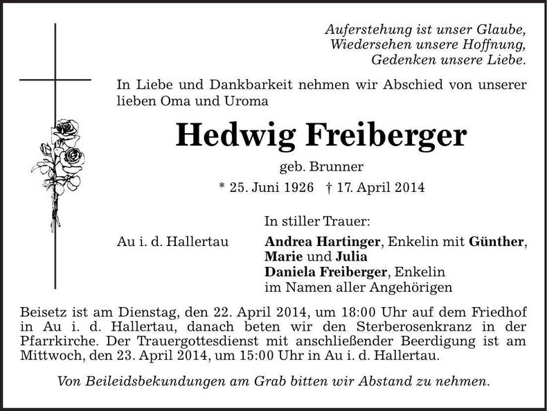 Traueranzeige Hedwig Freiberger