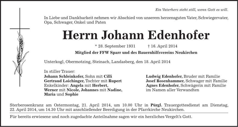 Traueranzeige Maria Edenhofer