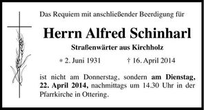 Traueranzeige Alfred Schinharl