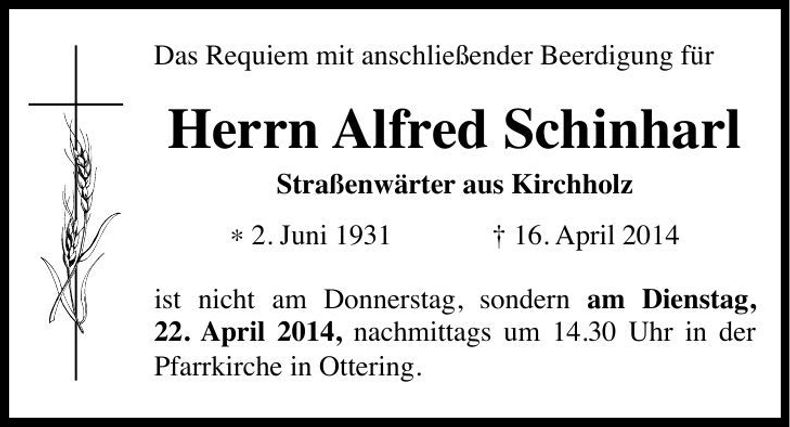 Traueranzeige Alfred Schinharl