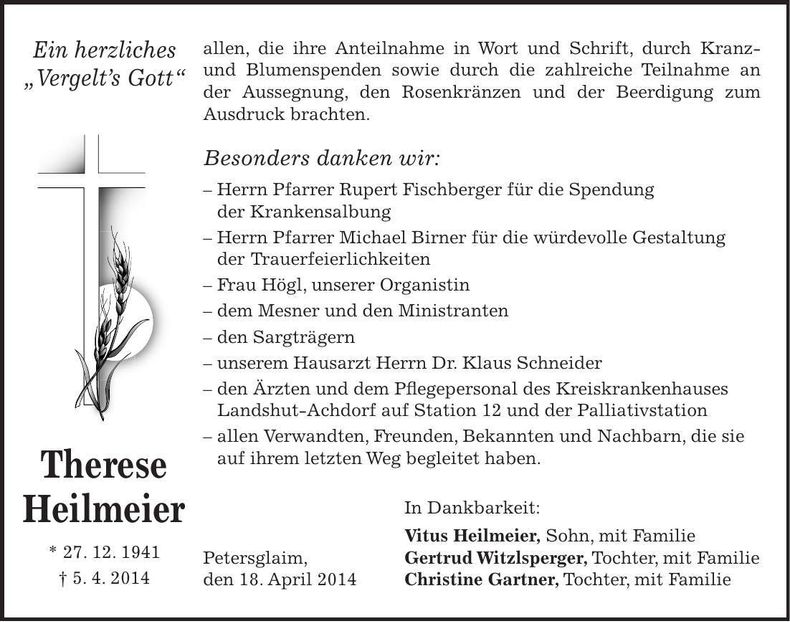 Traueranzeige Therese Heilmeier