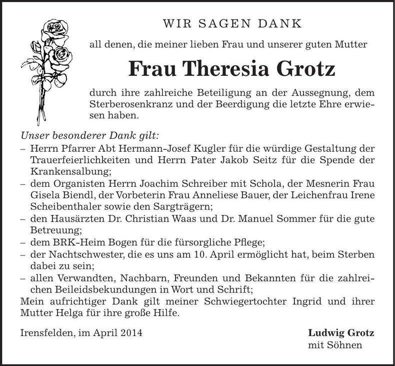 Traueranzeige Theresia Grotz