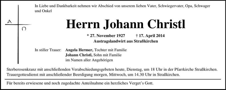 Traueranzeige Johann Christl