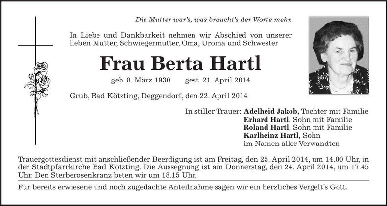 Traueranzeige Berta Hartl
