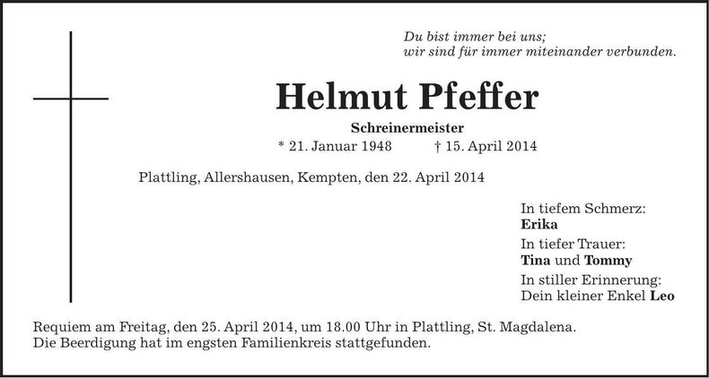 Traueranzeige Helmut Pfeffer