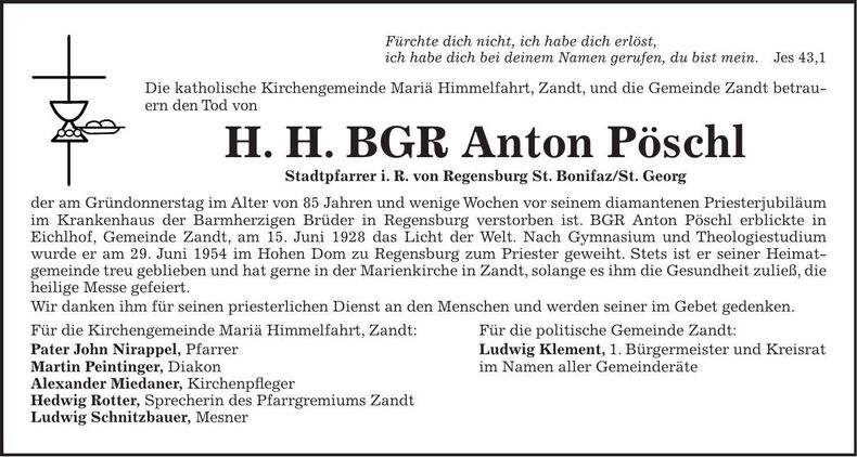 Traueranzeige Anton Pöschl