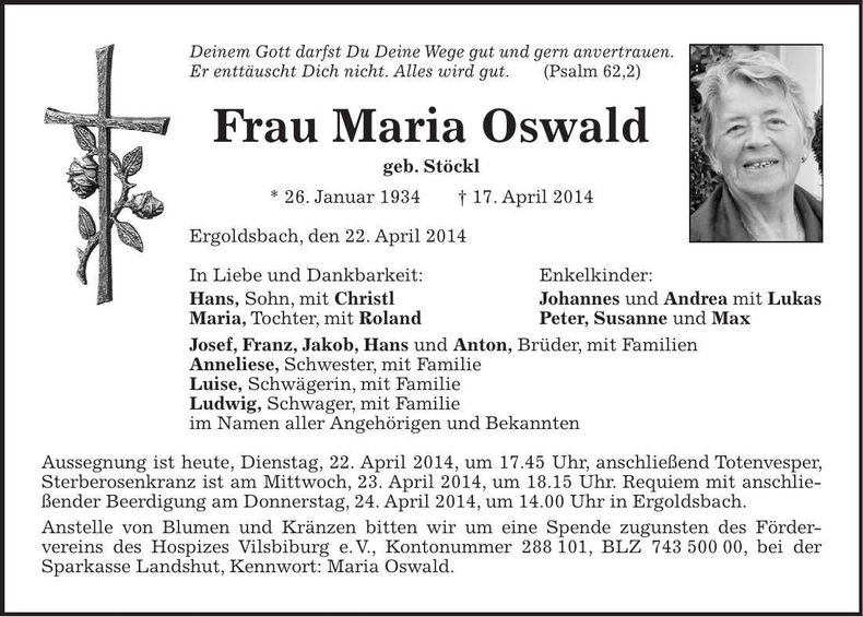 Traueranzeige Maria Oswald