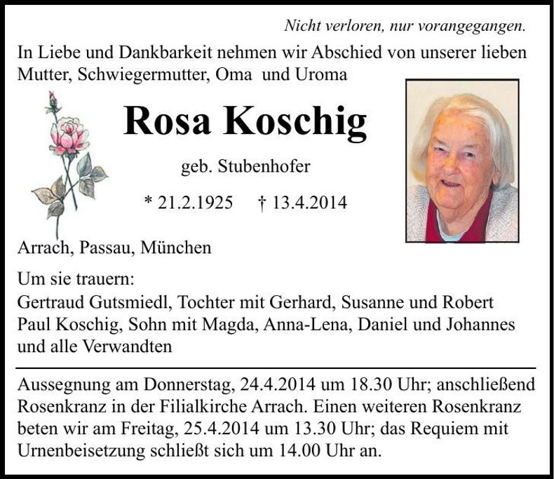 Traueranzeige Rosa Koschig