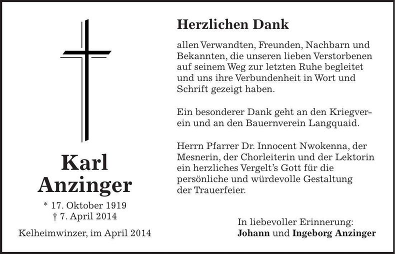Traueranzeige Karl Anzinger