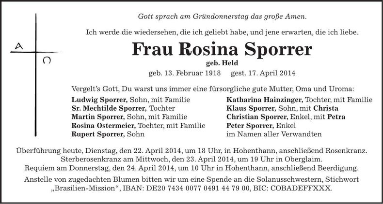 Traueranzeige Rosina Sporrer