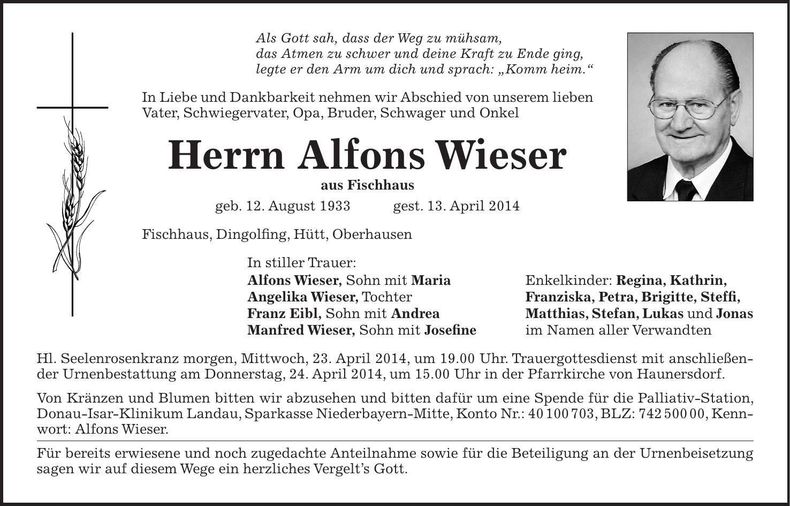 Traueranzeige Alfons Wieser