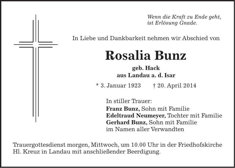 Traueranzeige Rosalia Bunz