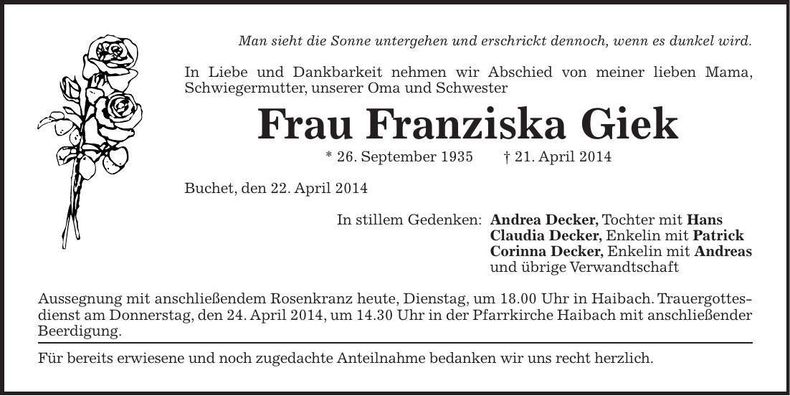 Traueranzeige Franziska Giek