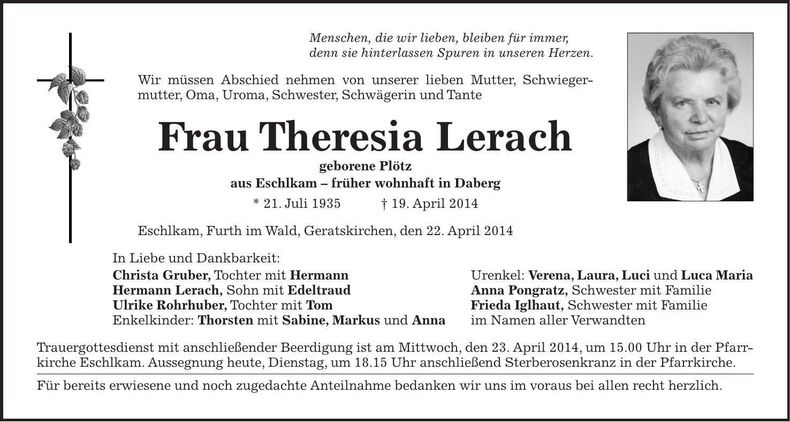 Traueranzeige Theresia Lerach