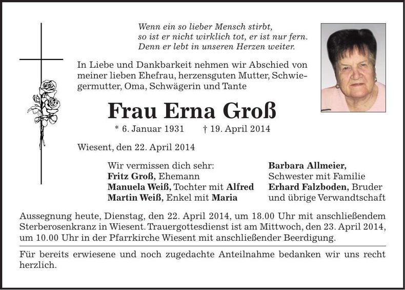 Traueranzeige Erna Groß