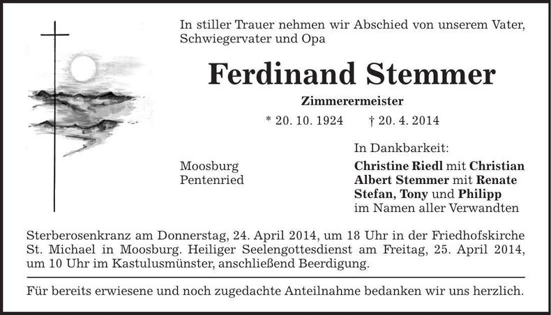 Traueranzeige Ferdinand Stemmer