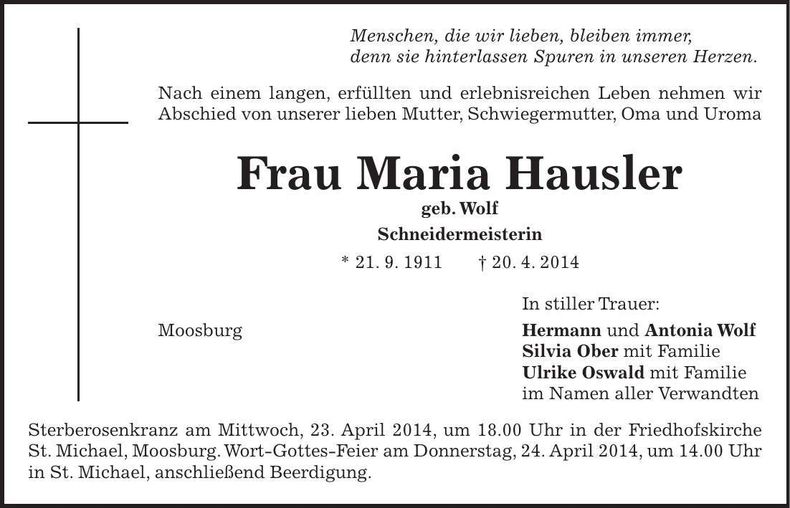 Traueranzeige Maria Hausler