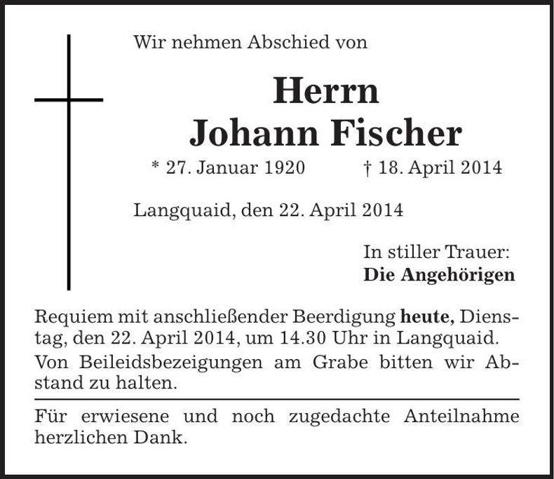 Traueranzeige Johann Fischer