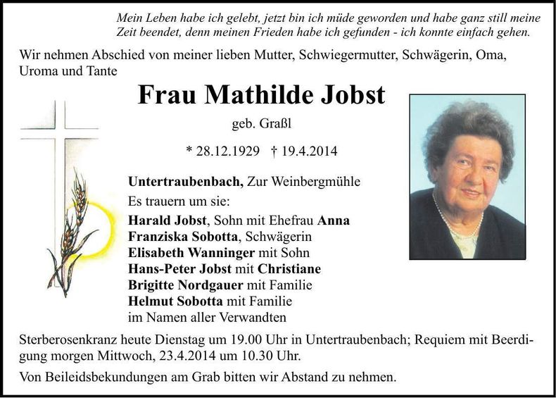 Traueranzeige Mathilde Jobst