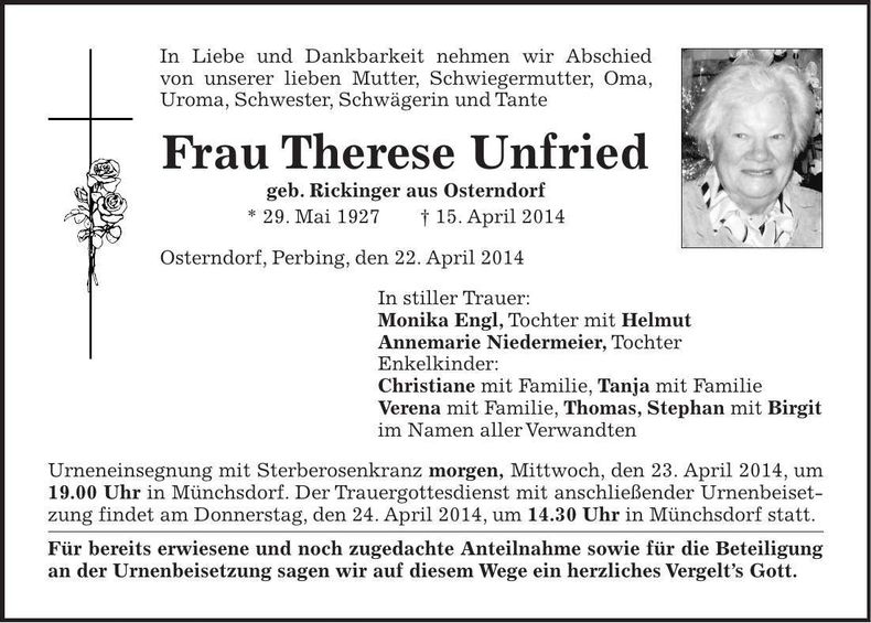 Traueranzeige Therese Unfried