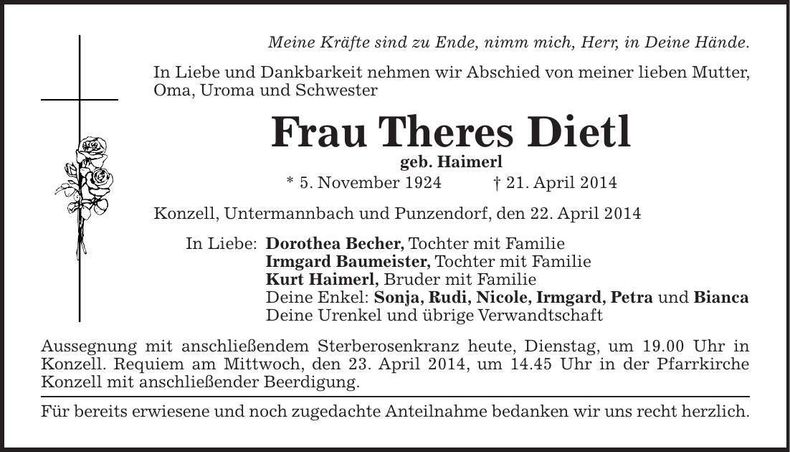 Traueranzeige Theres Dietl