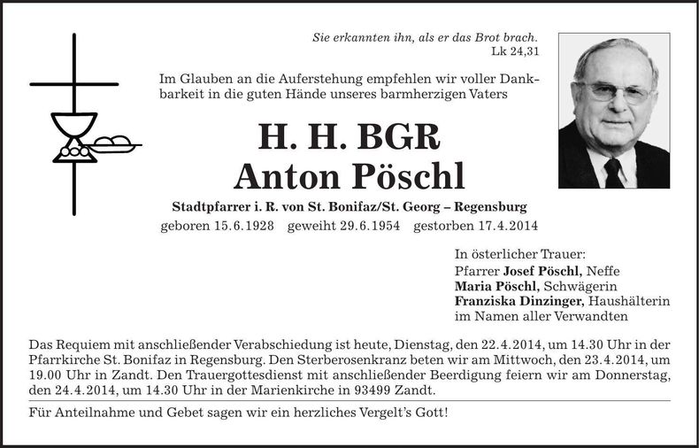 Traueranzeige Anton Pöschl