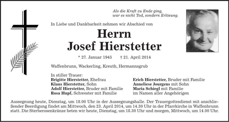 Traueranzeige Josef Hierstetter
