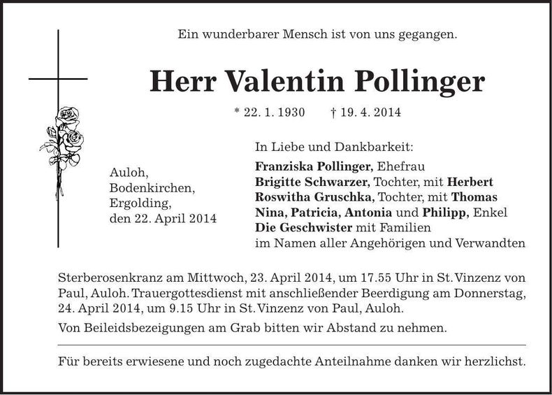 Traueranzeige Valentin Pollinger
