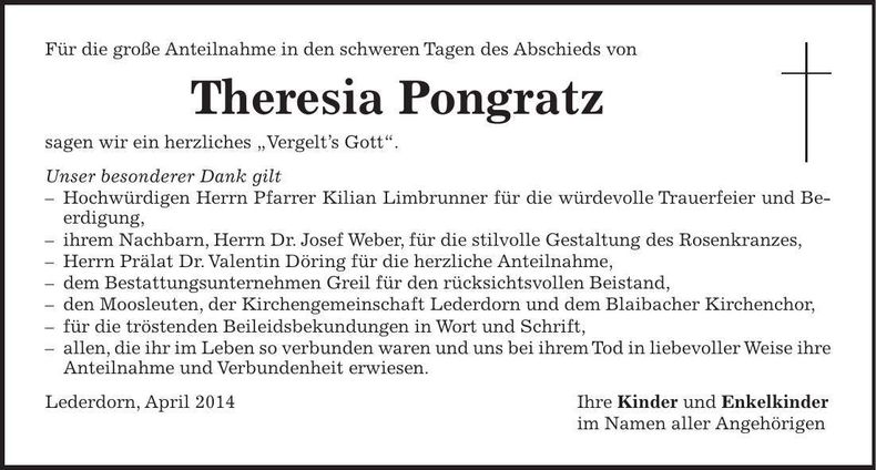 Traueranzeige Theresia Pongratz