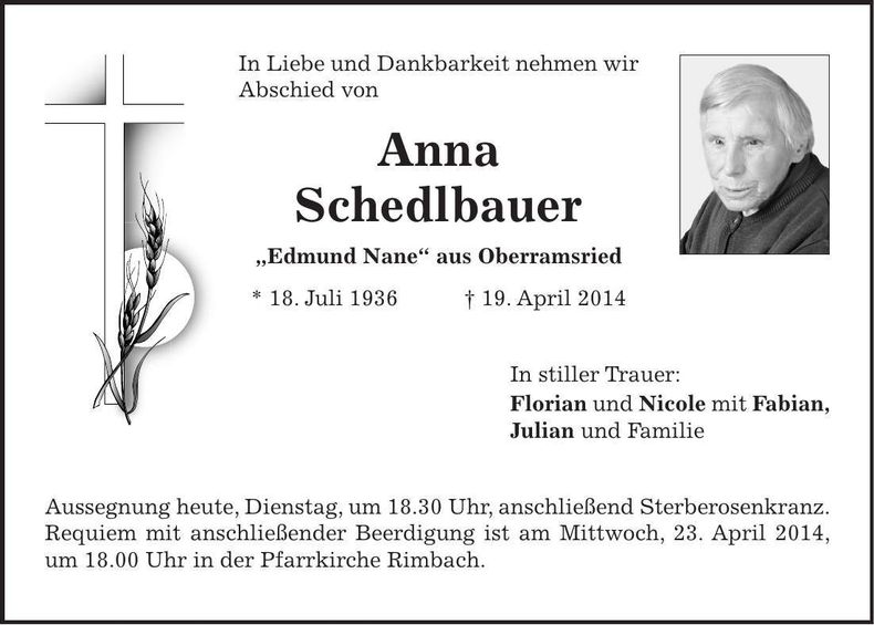 Traueranzeige Anna Schedlbauer
