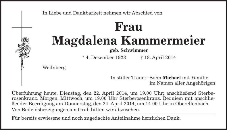 Traueranzeige Magdalena Kammermeier
