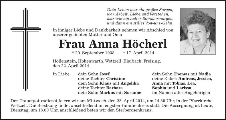 Traueranzeige Anna Höcherl