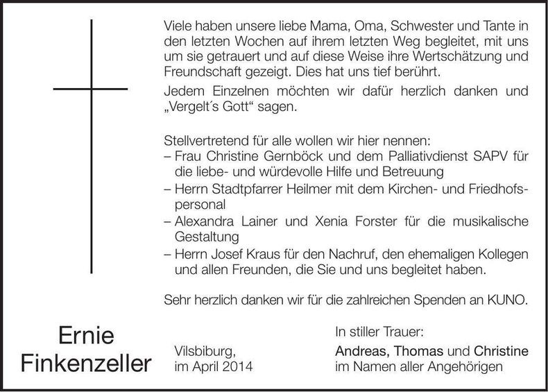 Traueranzeige Erni Finkenzeller